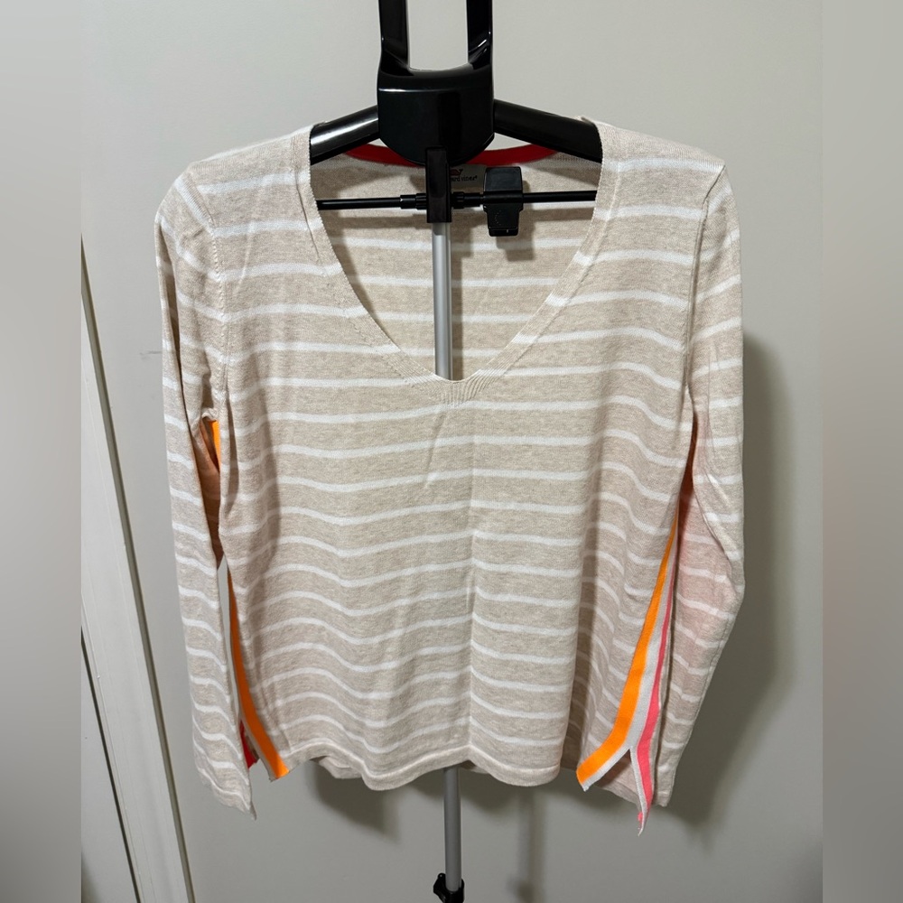 Vineyard Vines Womens XL Stripe V Neck Top Neon Side Stripe Casual Knit